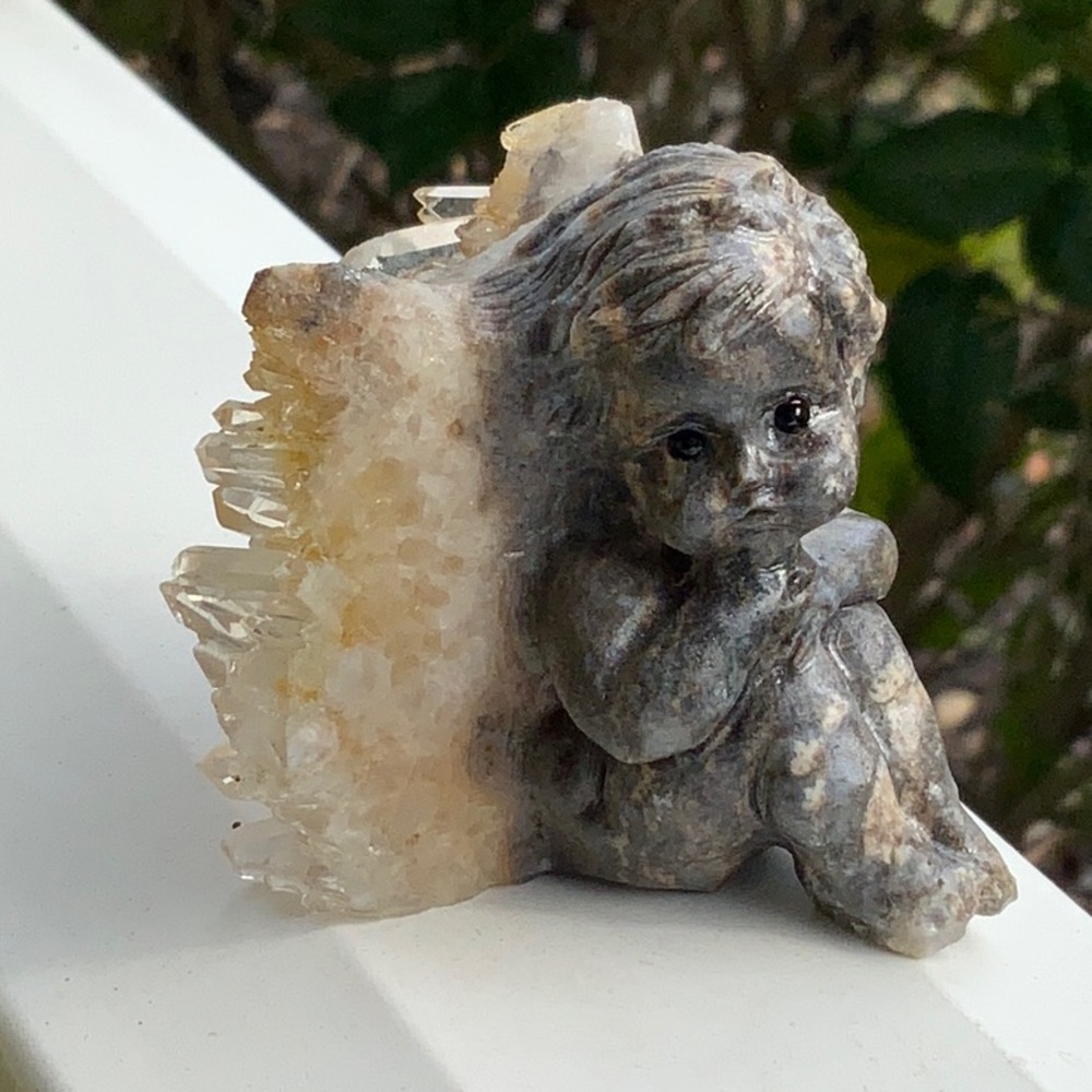 QUARTZ CRYSTAL CLUSTER HAND CARVED CHERUB